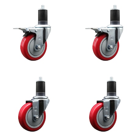 Service Caster 4'' Red Poly Swivel 1-5/8'' Expanding Stem Caster Set 2 Total Lock Brakes, 4PK SCC-EXTTL20S414-PPUB-RED-2-S-2-158